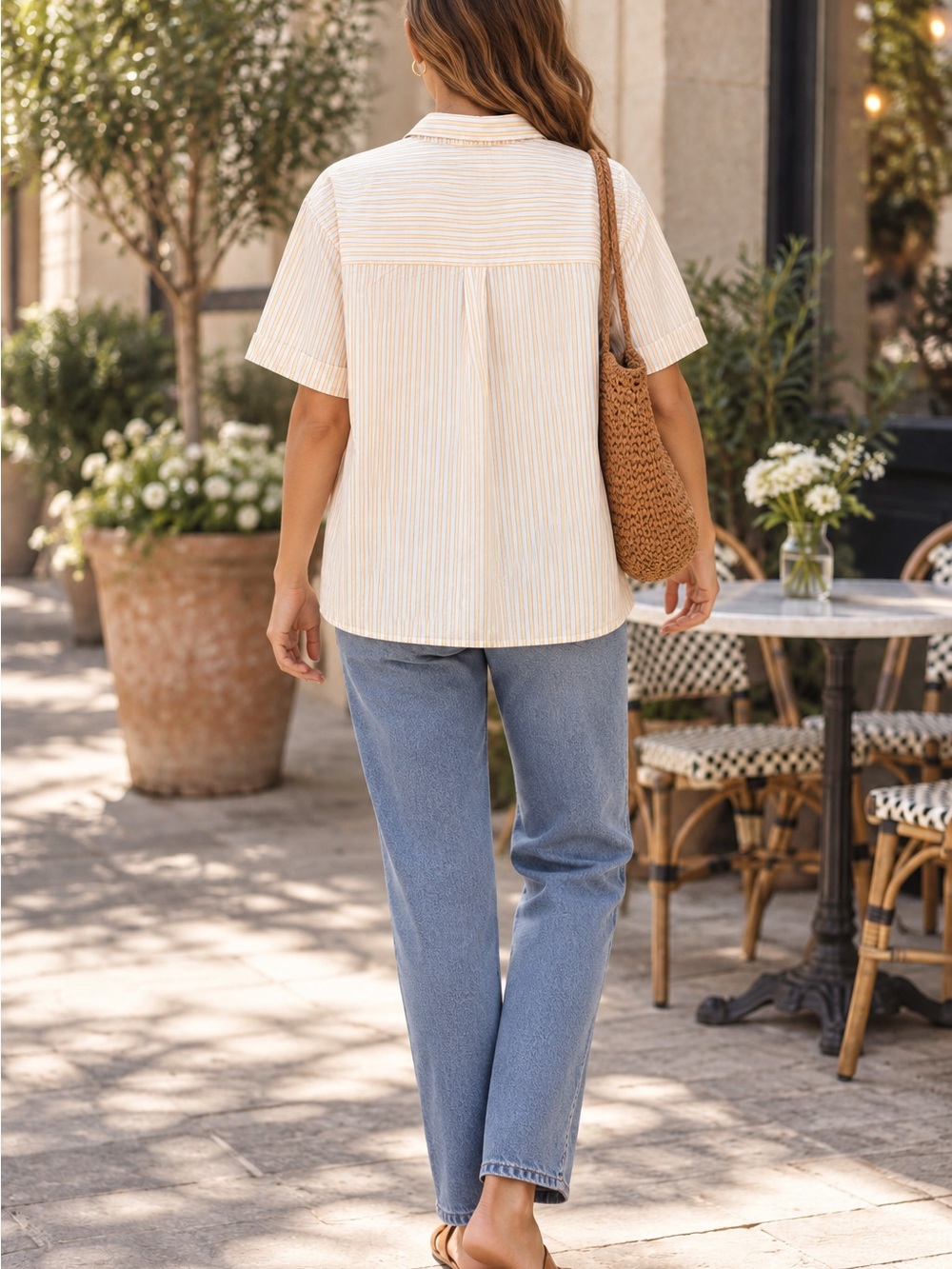 By Anthropologie Orange Striped Cotton Oversized Button Down Shirt - Picture 2 of 11